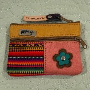 Artisanal Peruvian Multicolor Woven Coin Purse + Suede Leather Panel | Zip Pouch